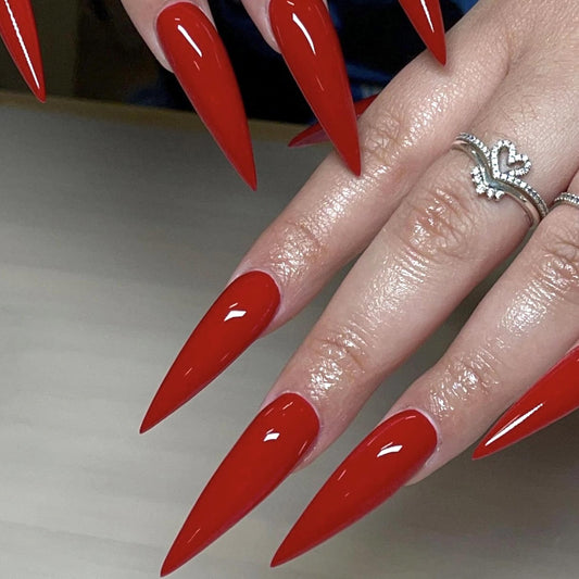 MERVF front packaging showing 24 glossy red stiletto nails and brand benefit