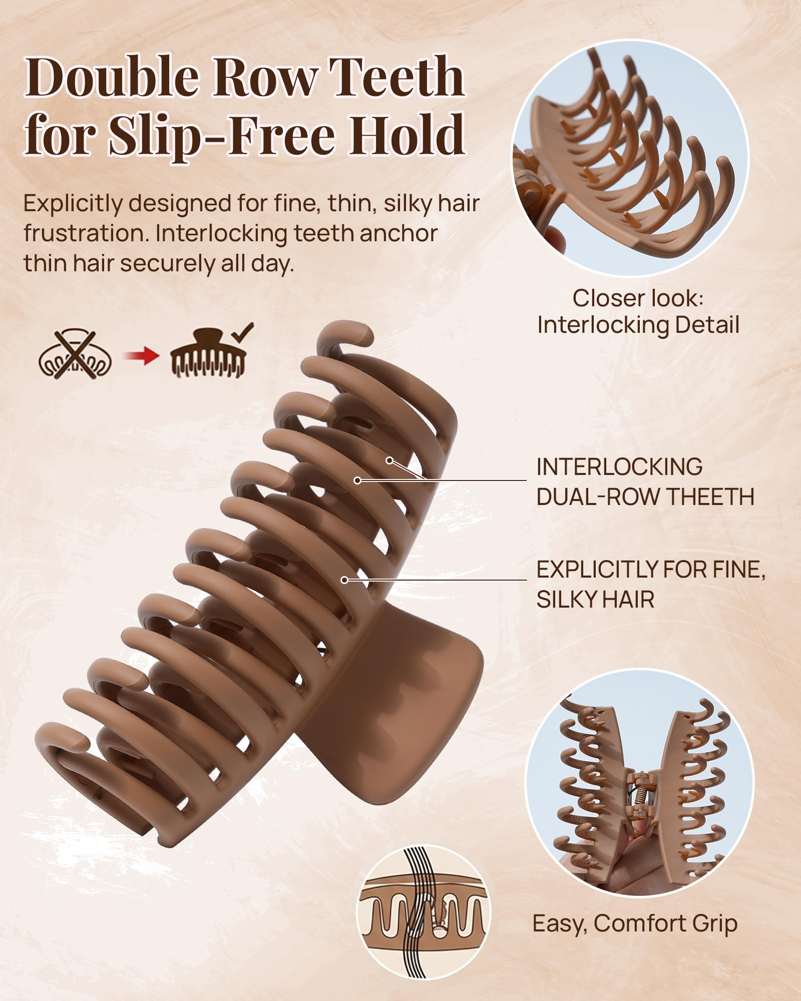 Mesovor close-up of double-row teeth highlighting slip-free hold for fine hair