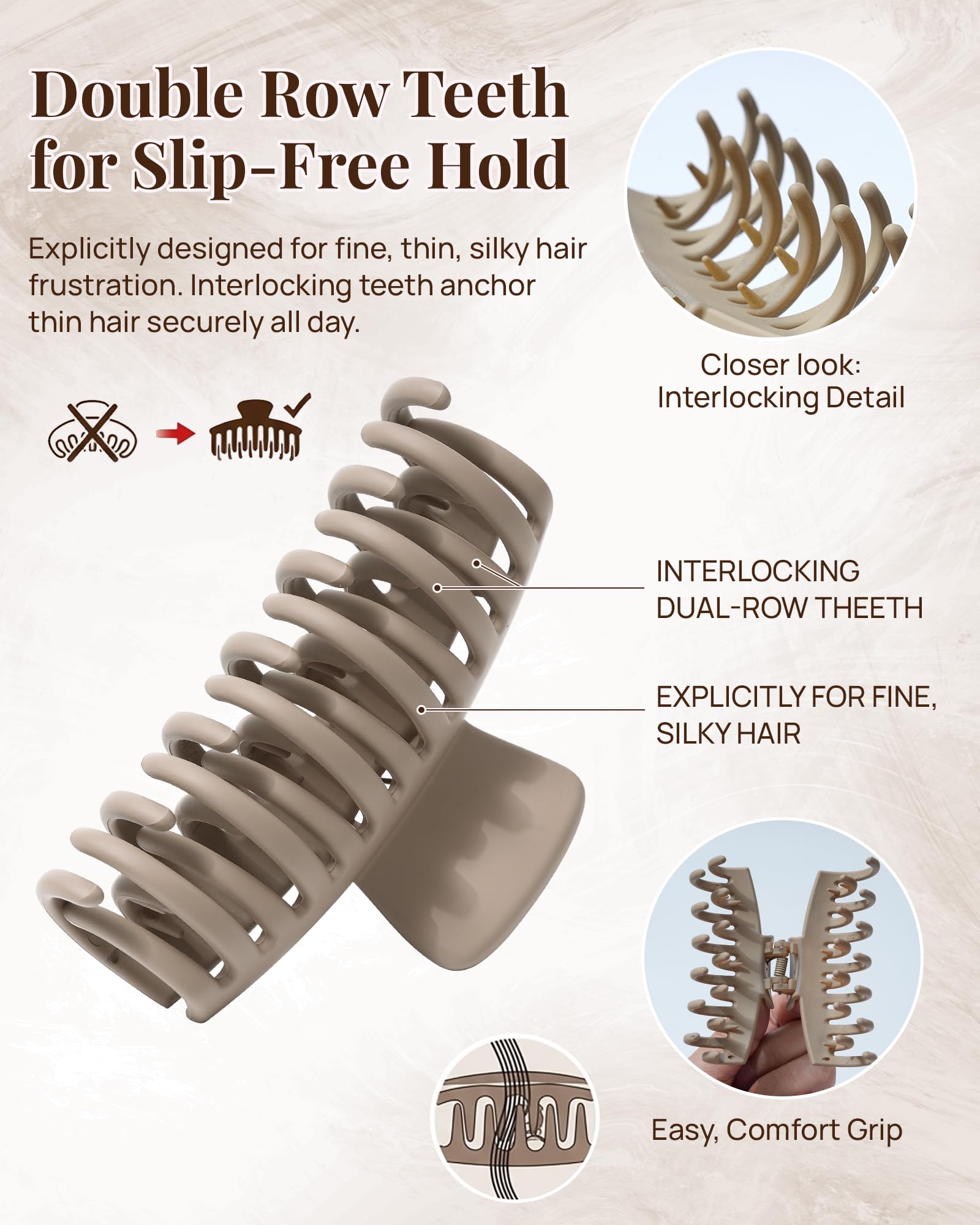Mesovor close-up of double row teeth gripping fine hair for slip-free hold