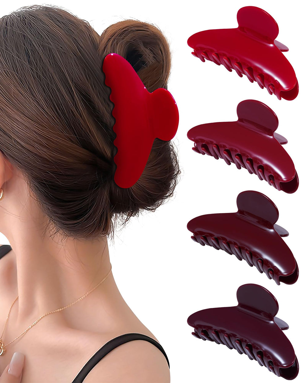 Mesovor front view of four cherry red clips showing style and quantity benefit