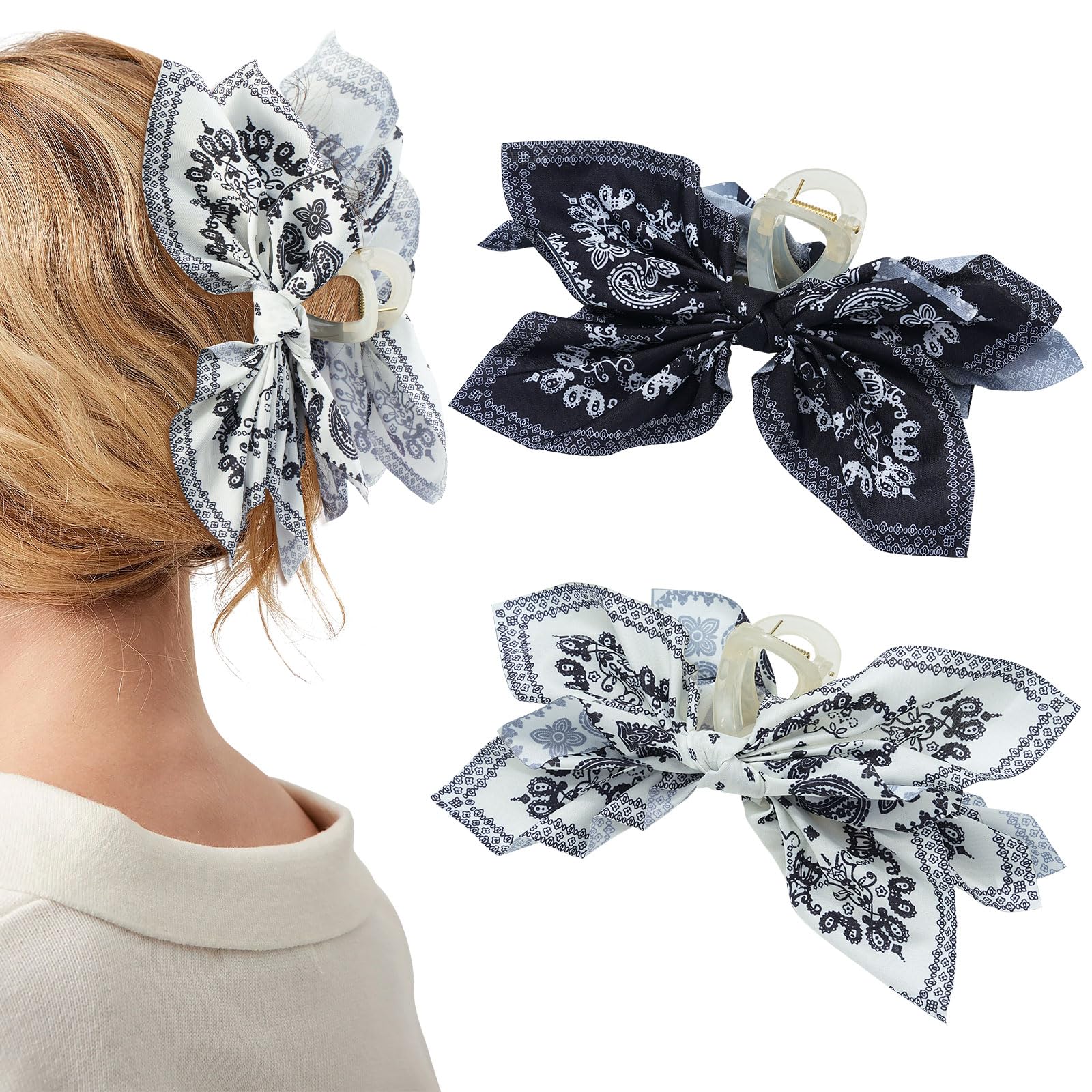 Mesovor front view of two bow clips showing colors and pattern, stylish accessory