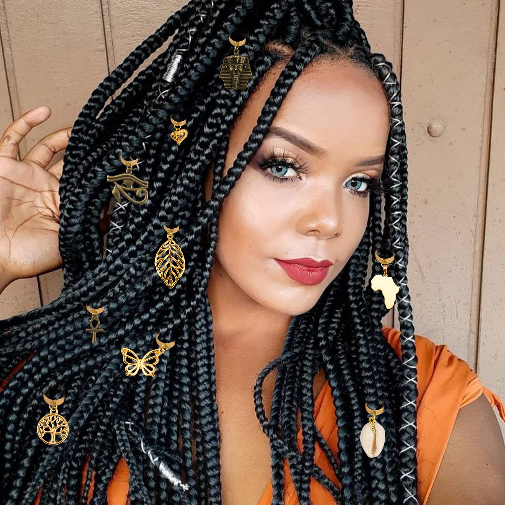 Messen charms clipped into faux locs showing decorative effect and flair