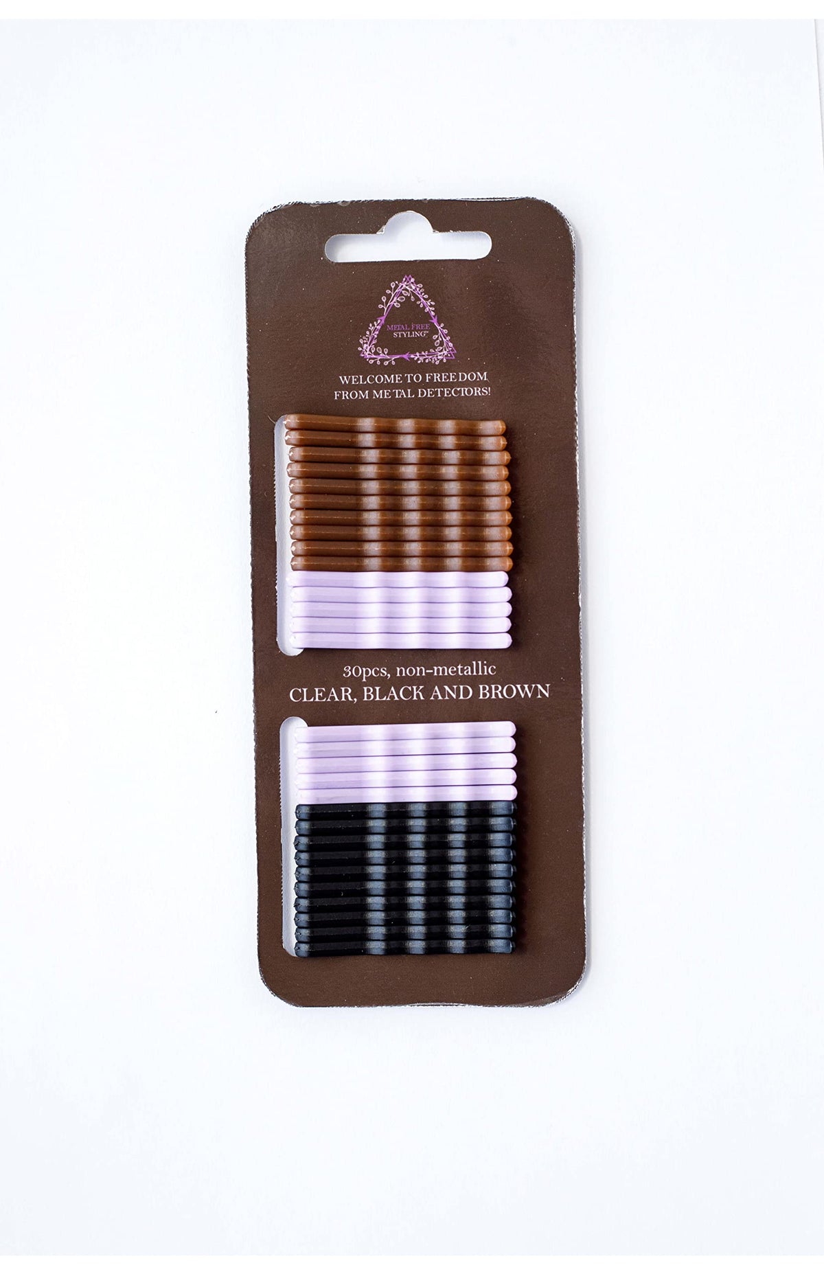 Metal Free Styling front packaging showing 30-count nonmetal bobby pins, travel-friendly
