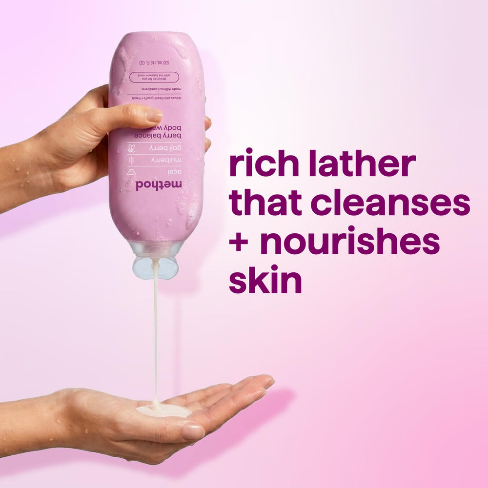 Method bottle beside hand to show 18 fl oz size and usage benefit