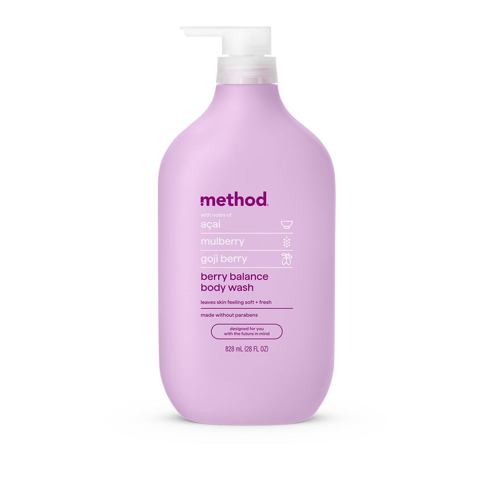 Method bottle front view showing berry fragrance and moisturizing benefit