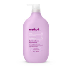 Method bottle front view showing berry fragrance and moisturizing benefit