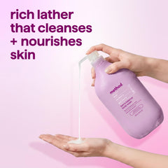 Method pouring onto loofah illustrating generous lather and thorough cleanse