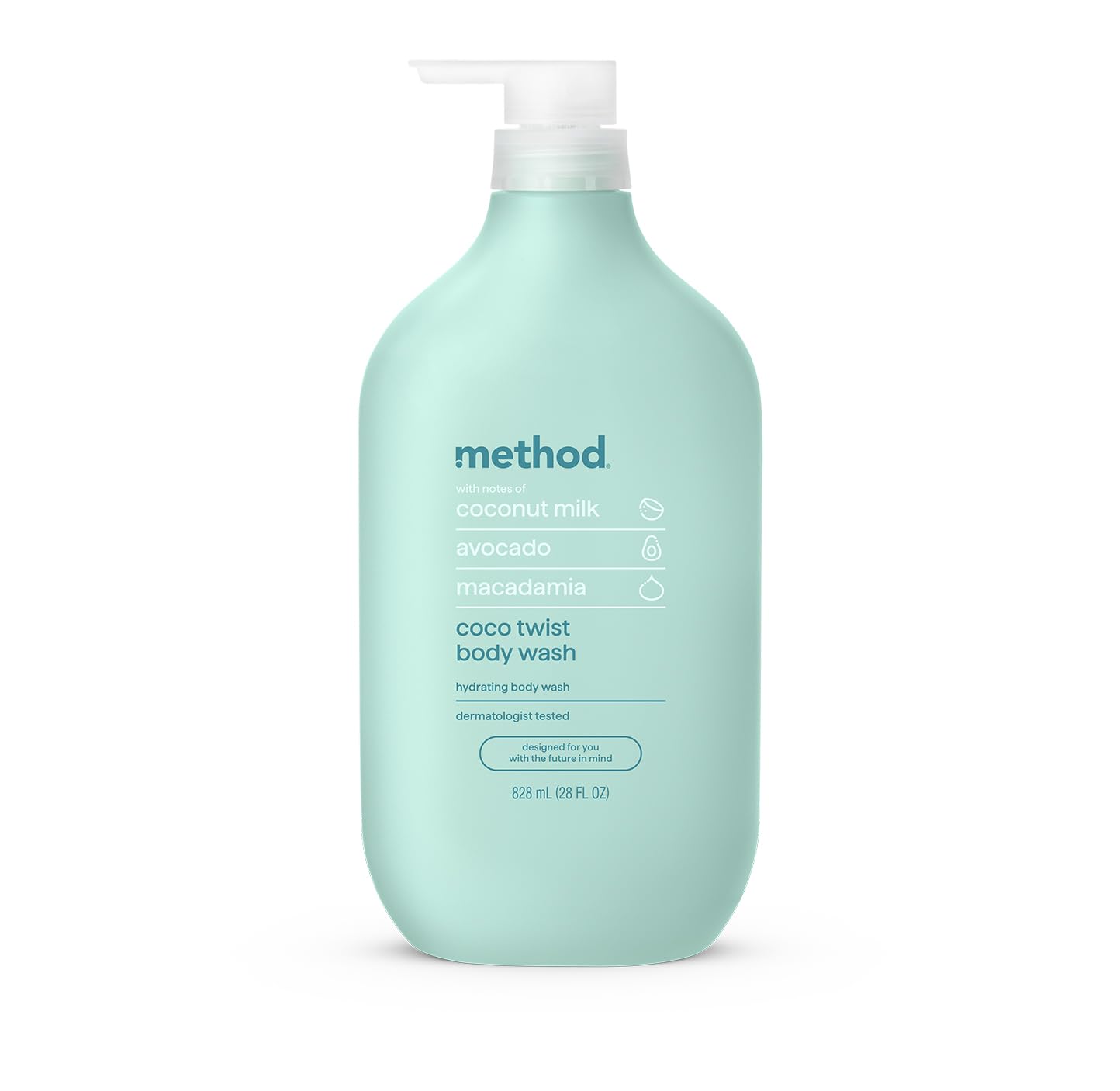Method front packaging showing 28 fl oz bottle and tropical coconut scent benefit