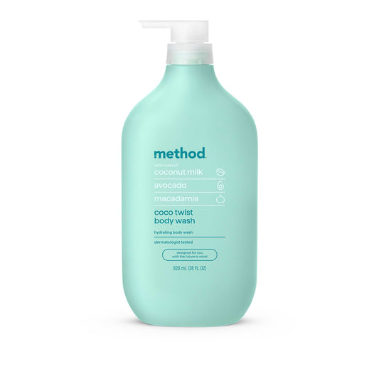 Method front packaging showing 28 fl oz bottle and tropical coconut scent benefit