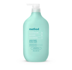 Method front packaging showing 28 fl oz bottle and tropical coconut scent benefit