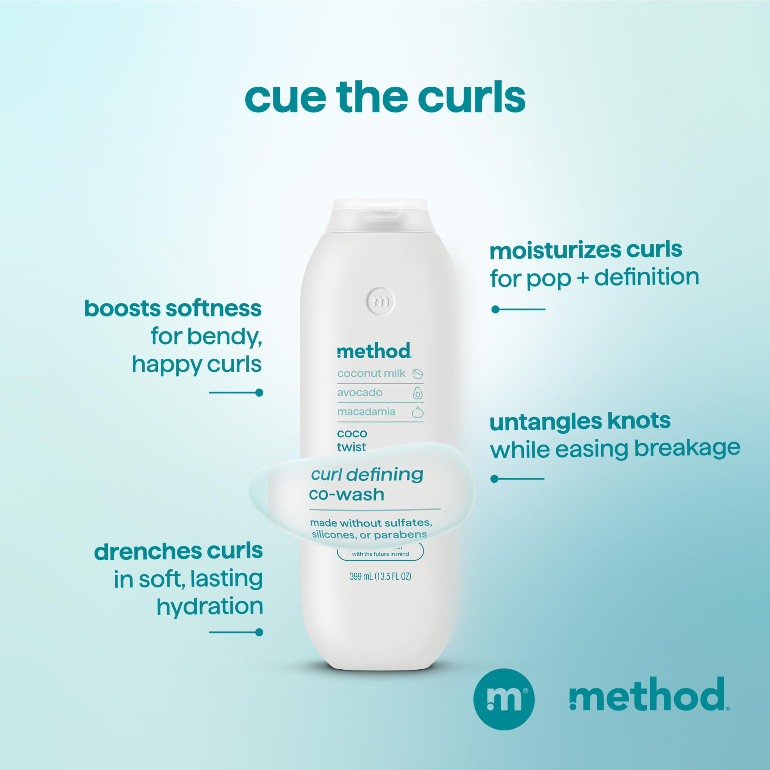 Method co‑wash surrounded by coconut and avocado oils showing nourishing ingredients
