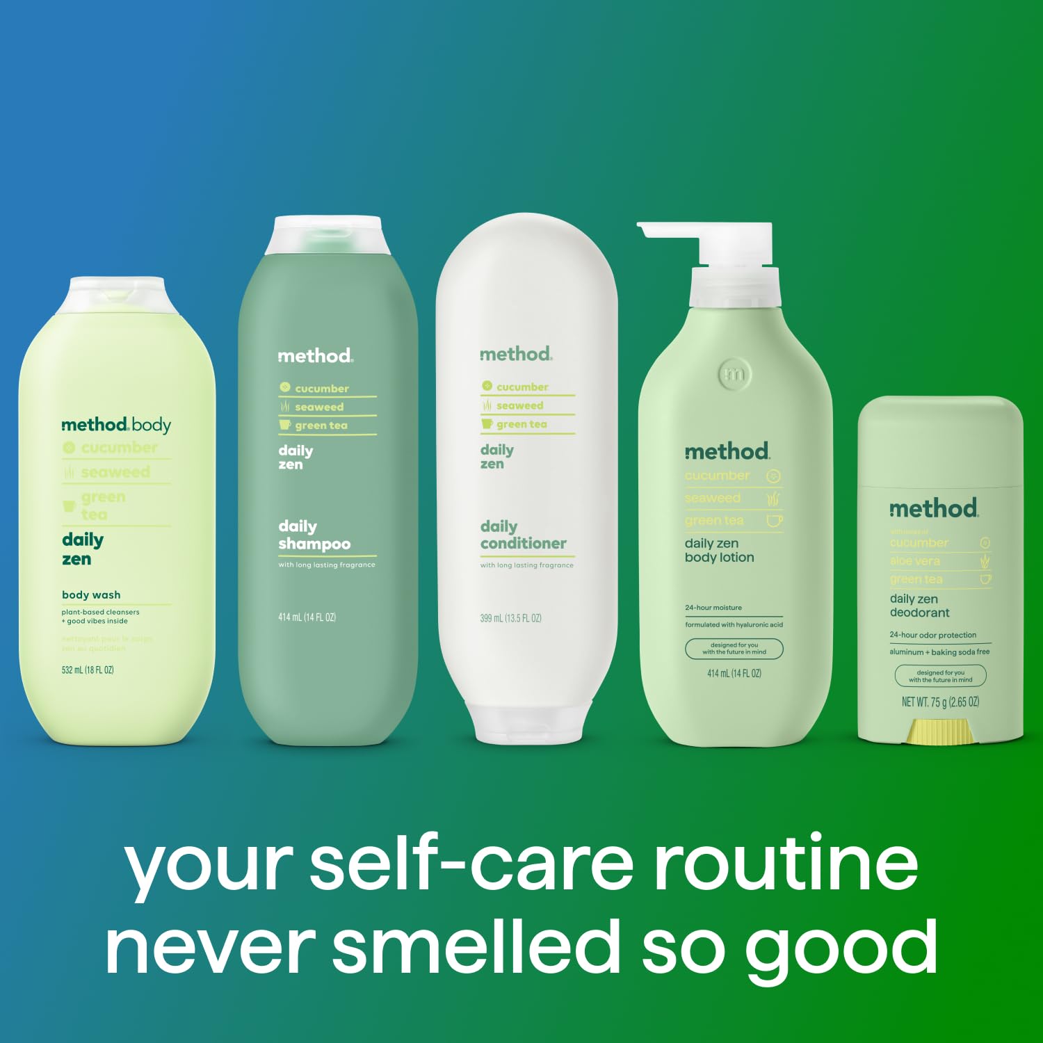Method Daily Zen shown in a hand to communicate 18 fl oz scale and travel convenience
