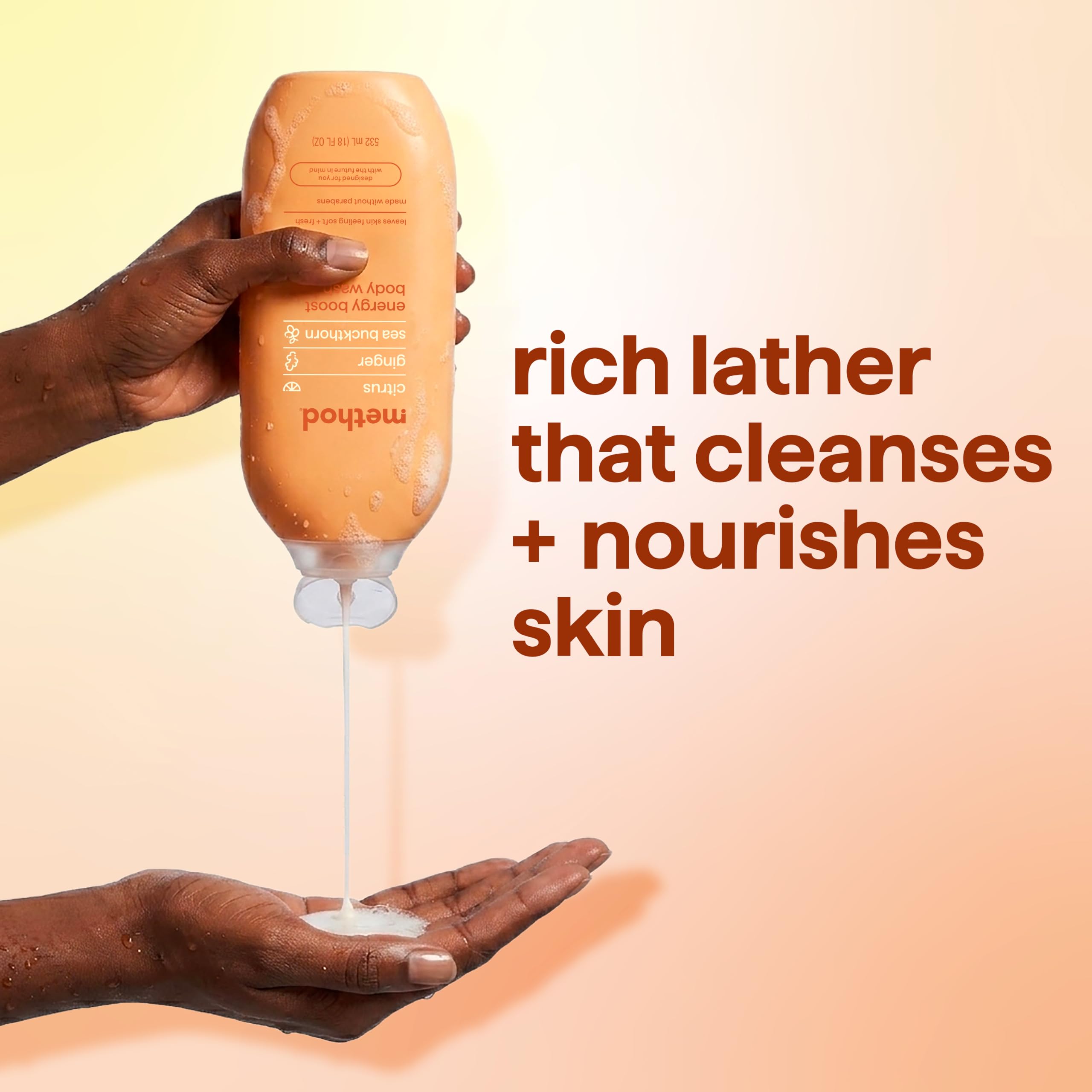 Method bottle next to hand to show 18 fl oz size and travel-friendly benefit