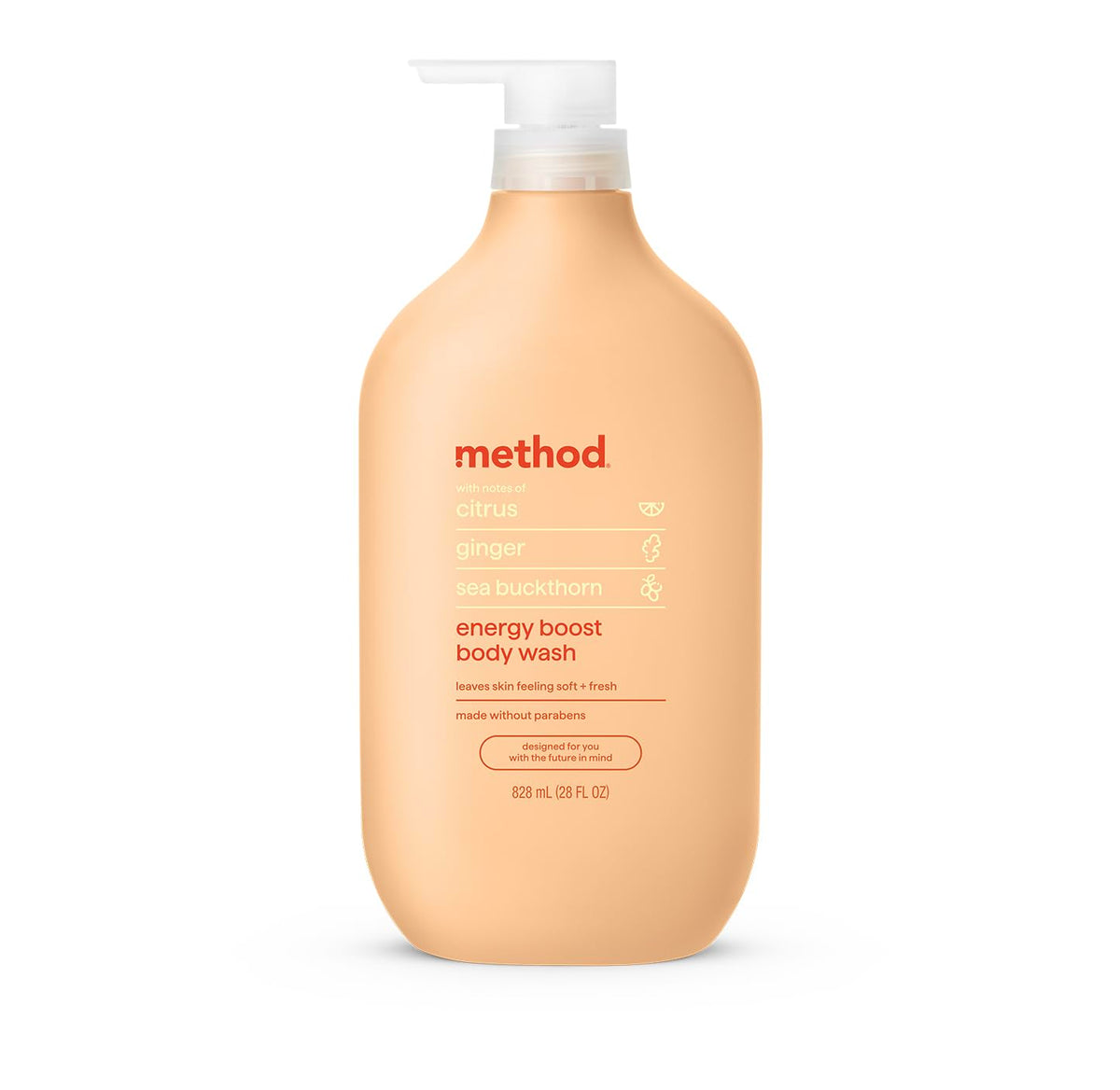 Method front bottle showing energy boost scent and benefit of refreshing skin