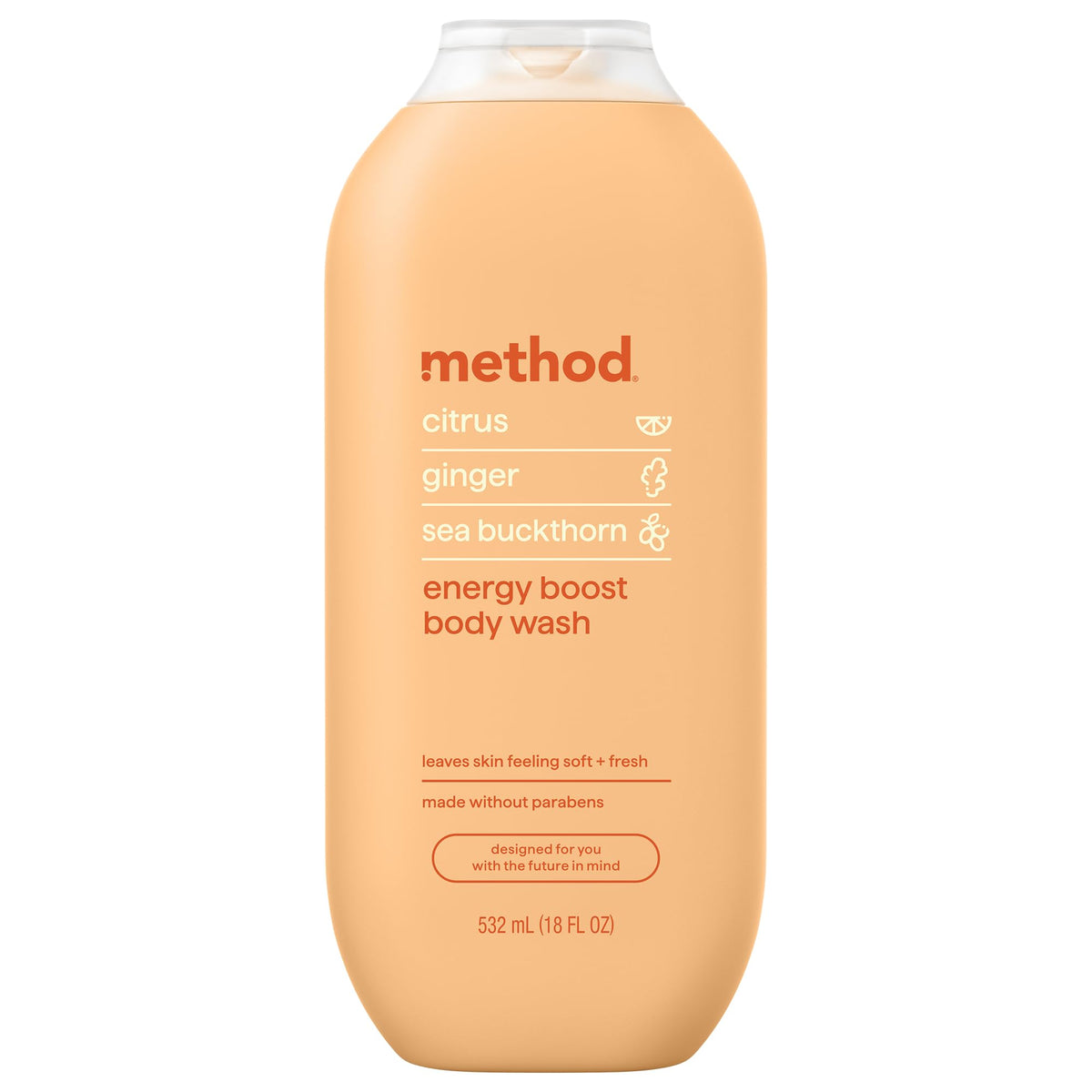 Method front packaging 18 oz bottle showing energizing citrus scent and benefit