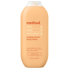 Method front packaging 18 oz bottle showing energizing citrus scent and benefit