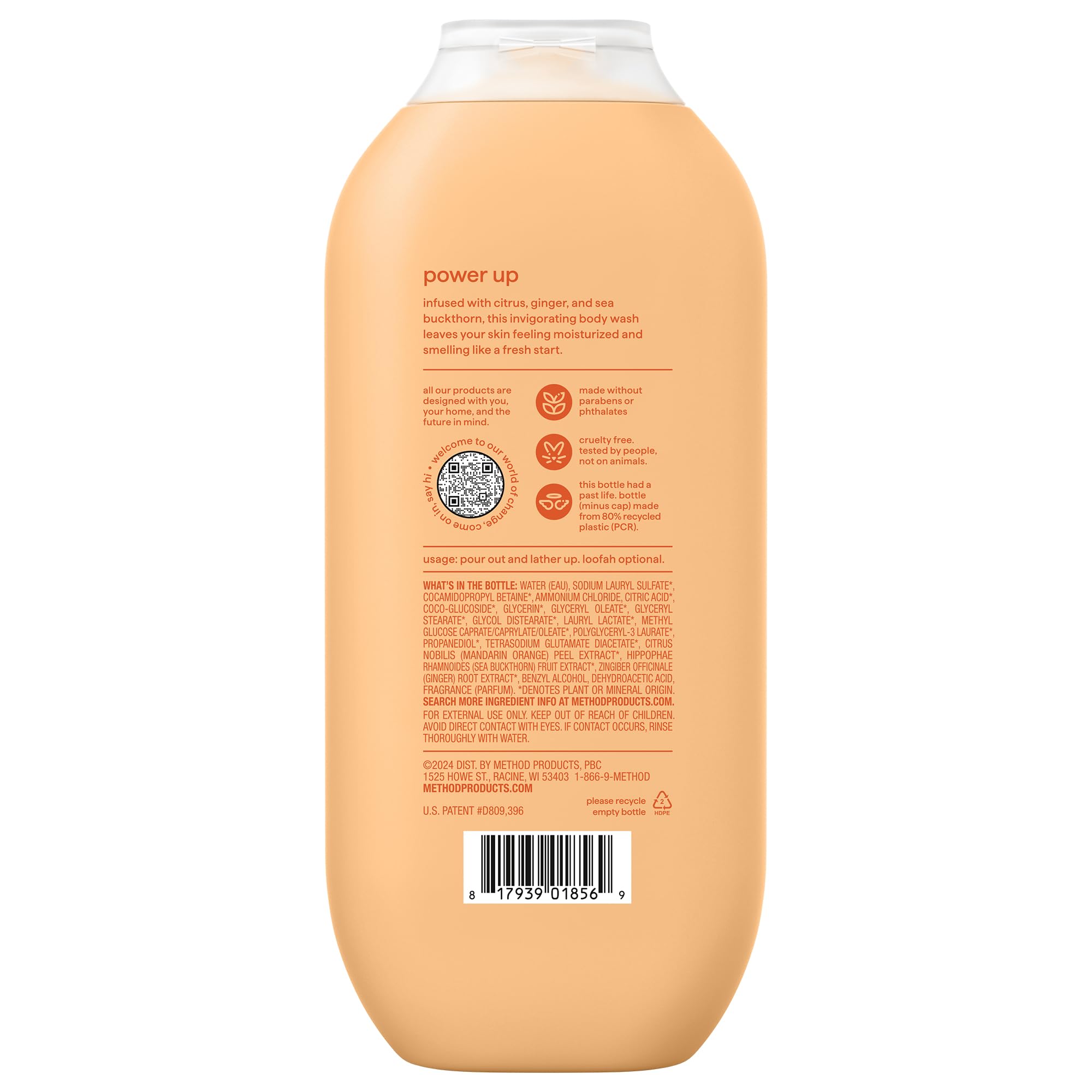 Method recycled plastic badge on bottle emphasizing eco-friendly packaging benefit