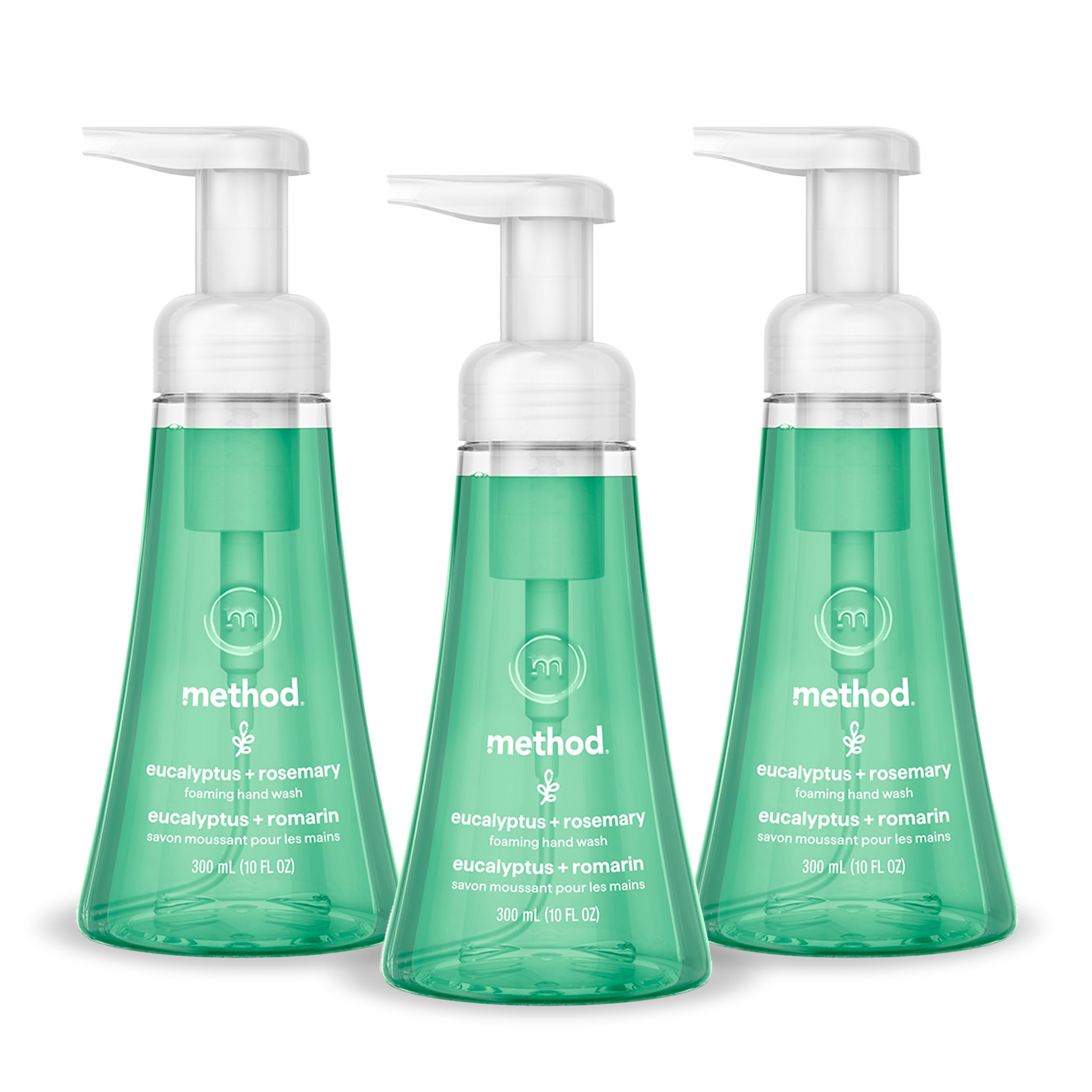 Method eucalyptus rosemary three-pack front view shows recycled bottles and clear labeling for sustainability benefit