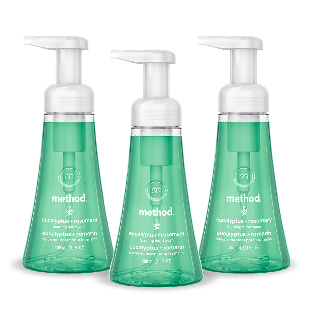 Method eucalyptus rosemary three-pack front view shows recycled bottles and clear labeling for sustainability benefit