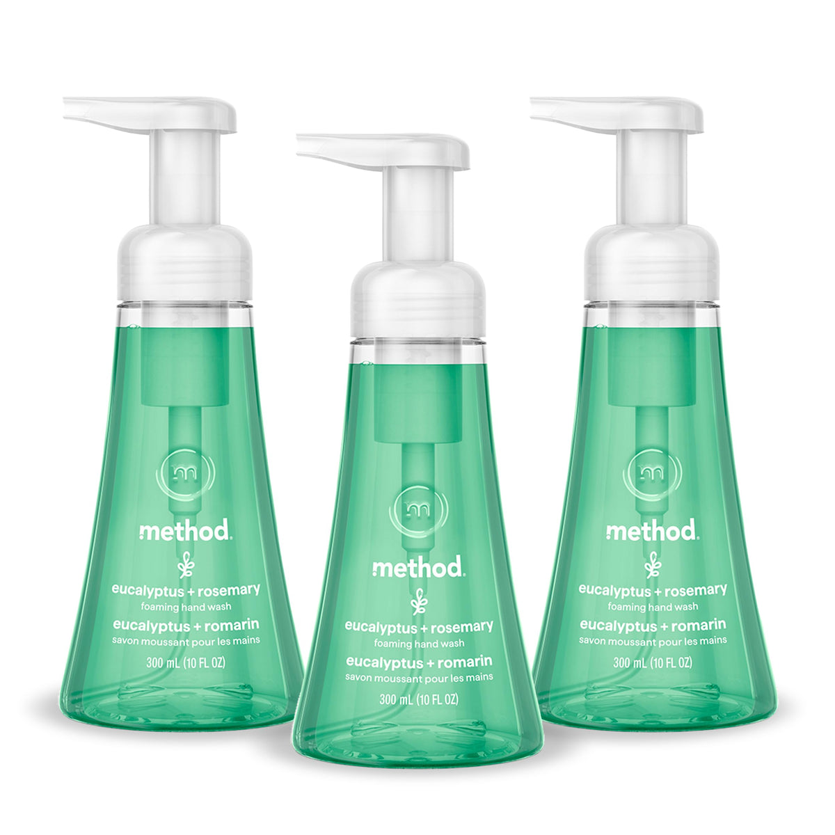 Method eucalyptus rosemary three-pack front view shows recycled bottles and clear labeling for sustainability benefit
