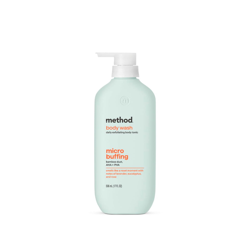 Method bottle front label showing scent and exfoliating benefits