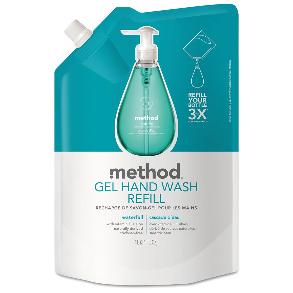 Method gel hand wash refill front label showing Waterfall scent and volume benefit