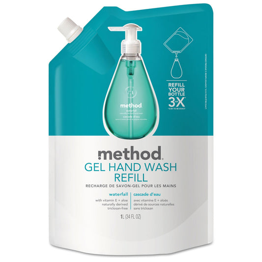 Method gel hand wash refill front label showing Waterfall scent and volume benefit