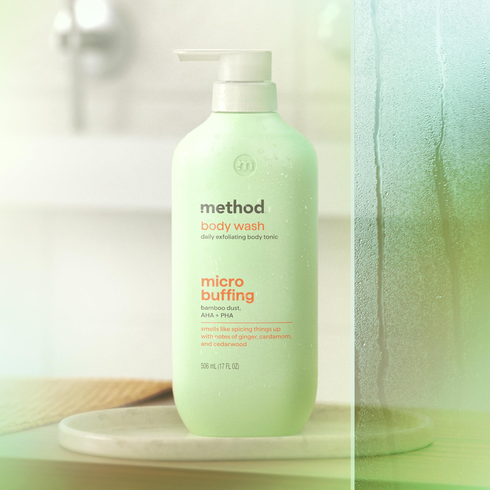 Method ingredients panel close-up showing AHA and PHA exfoliant benefit