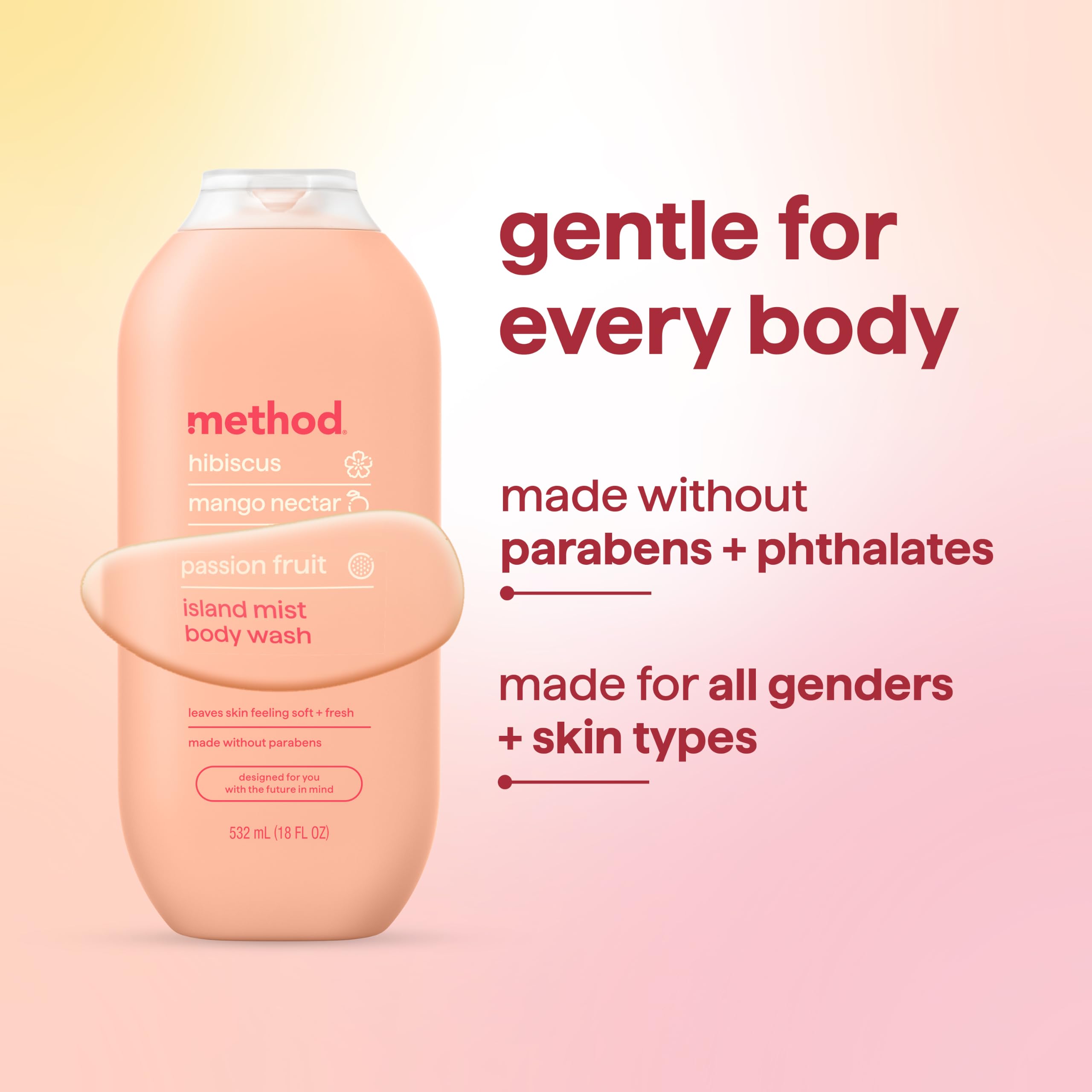 Method bottle with recycled plastic mark, emphasizing sustainable packaging benefit