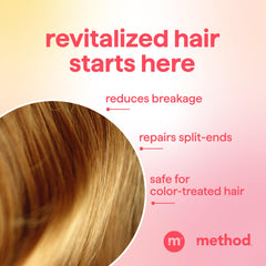 Before and after hair comparison using Method showing reduced frizz and healthier shine
