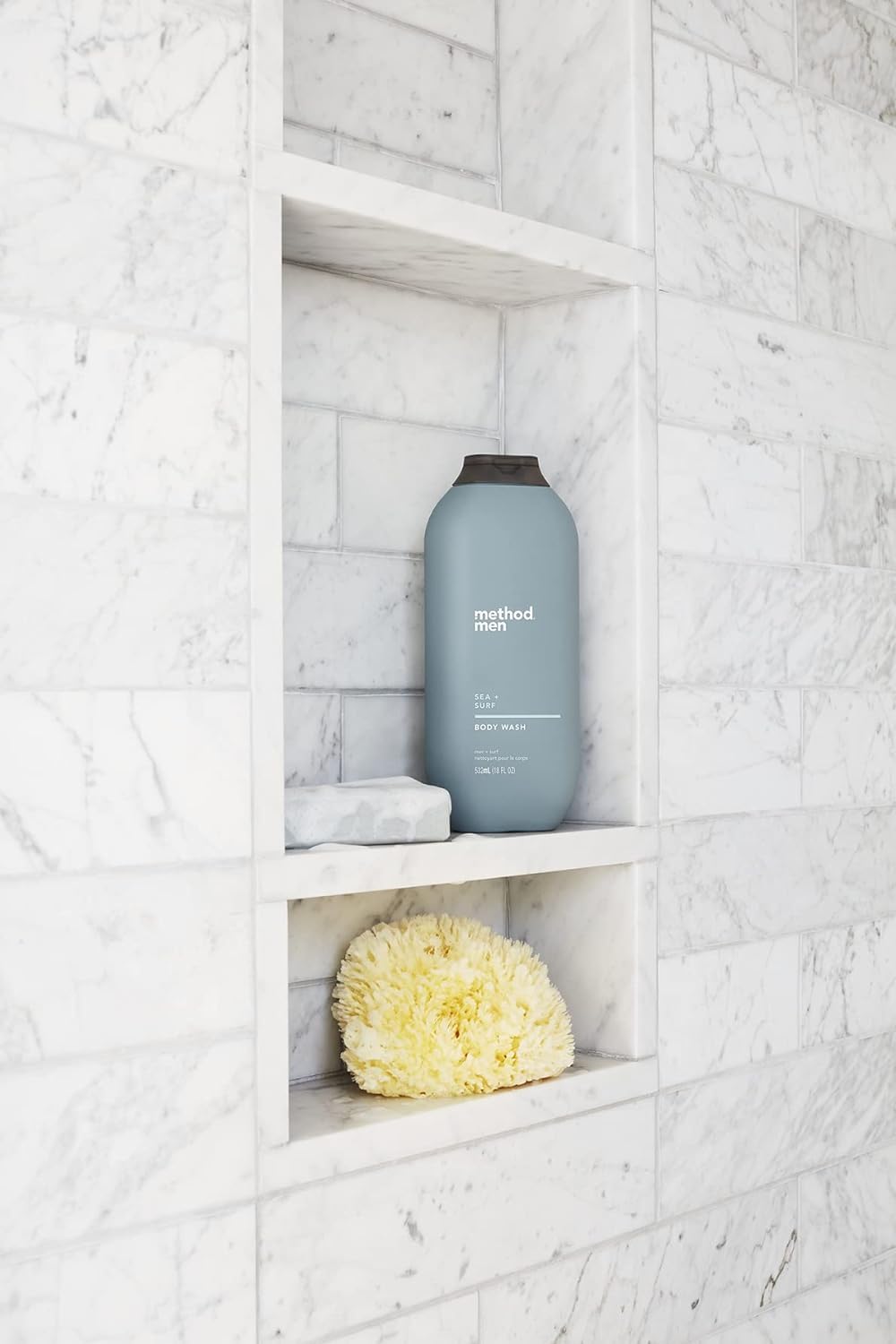 Method Juniper + Sage bottle in shower showing efficient everyday use