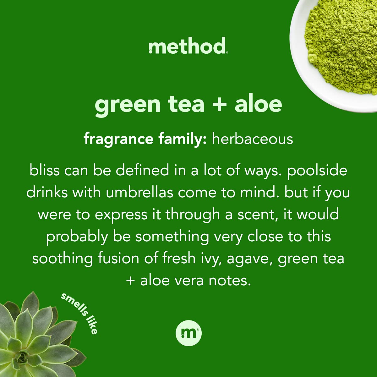 Method label close-up highlighting Green Tea + Aloe and recycled bottle benefits