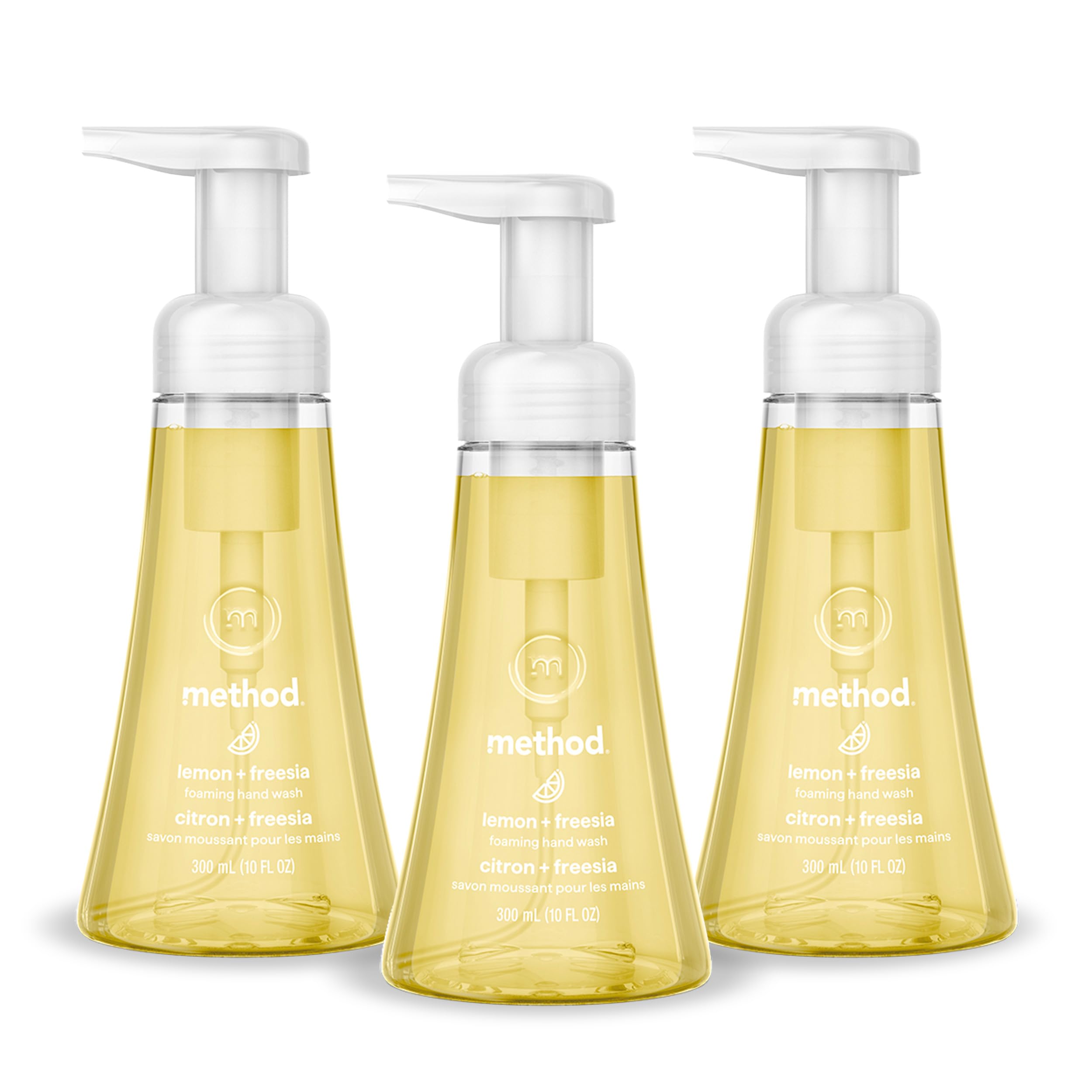 Method lemon + freesia front packaging showing three bottles, clear label and scent benefit