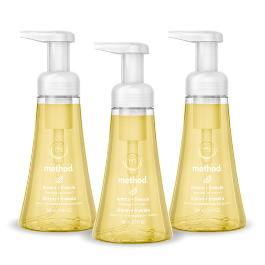 Method lemon + freesia front packaging showing three bottles, clear label and scent benefit