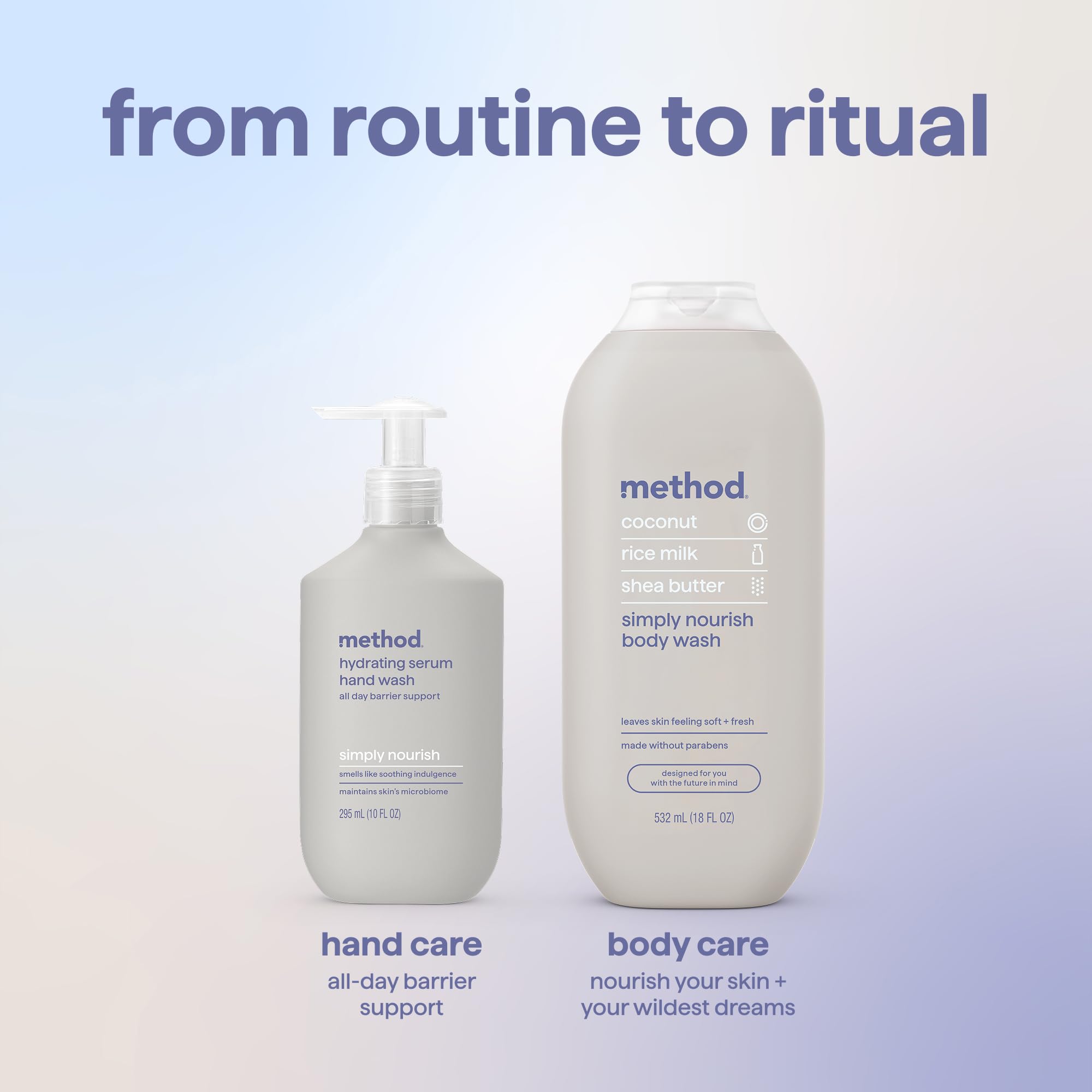 Method bottle on bathroom counter in lifestyle scene showing daily use benefit