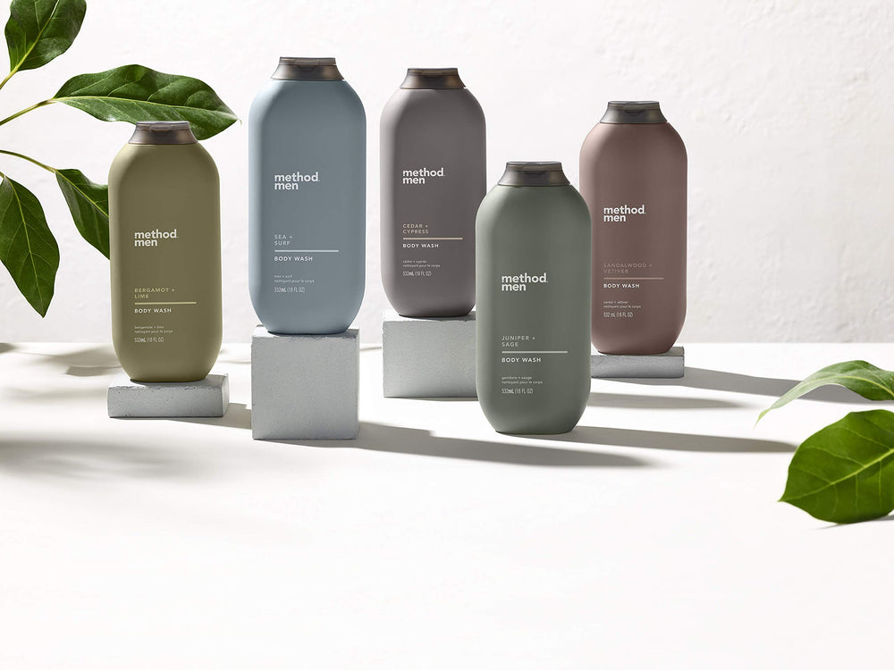 Method bottle styled on bathroom shelf suggesting sustainable grooming routine