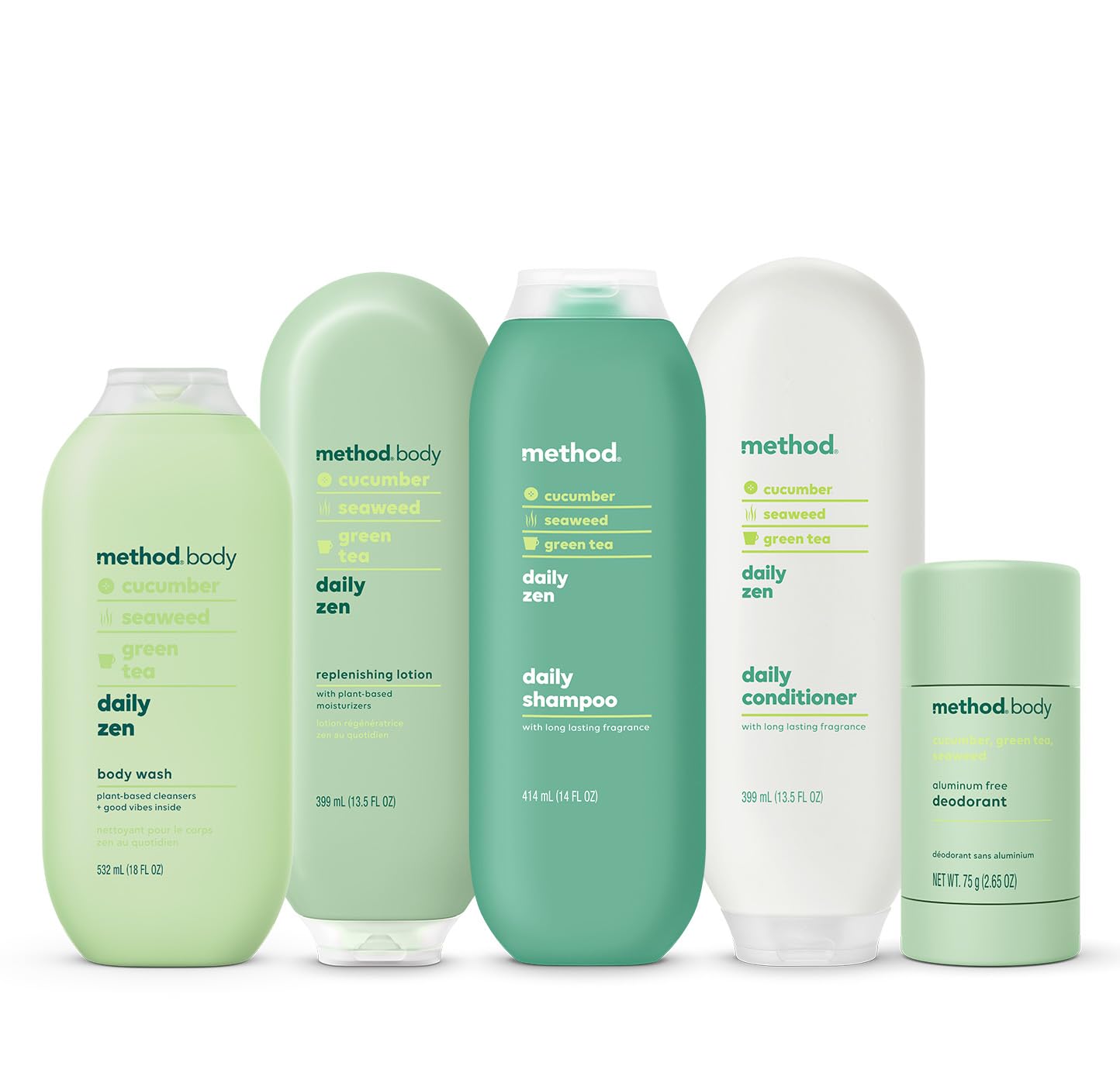 Method shampoo on bathroom shelf styled for a calm daily routine