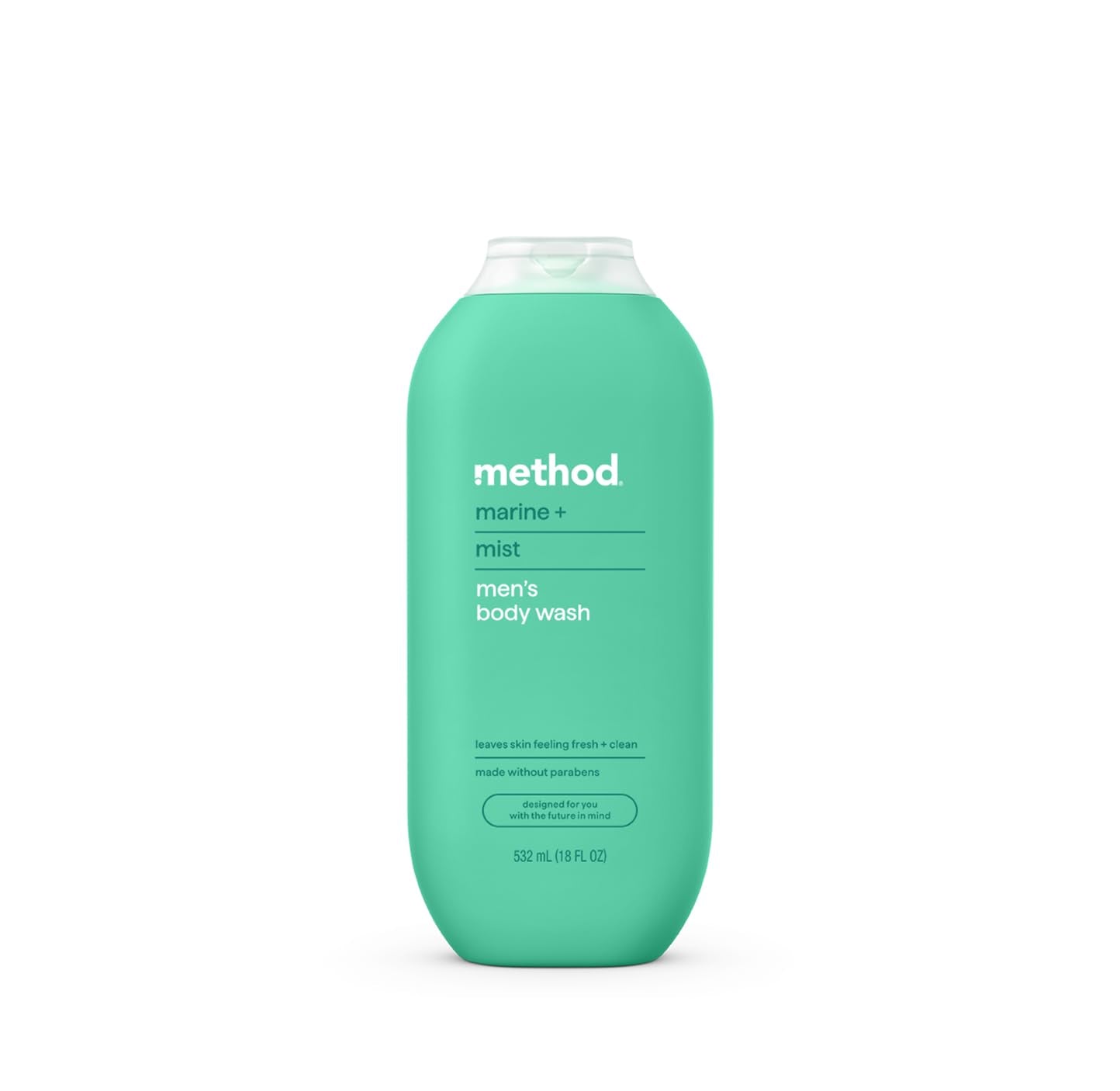 Method bottle front view showing Marine + Mist and easy-pour design benefit
