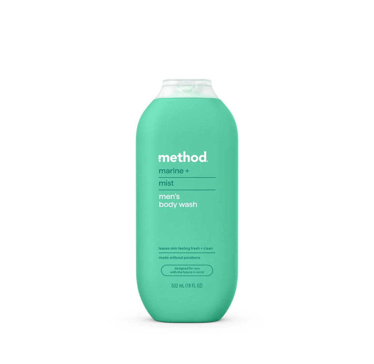 Method bottle front view showing Marine + Mist and easy-pour design benefit