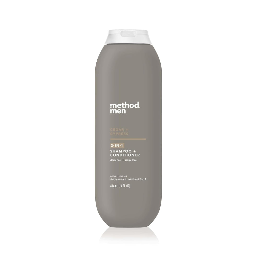Method Men front packaging showing cedar and cypress scent and 14 oz size, convenient for quick use