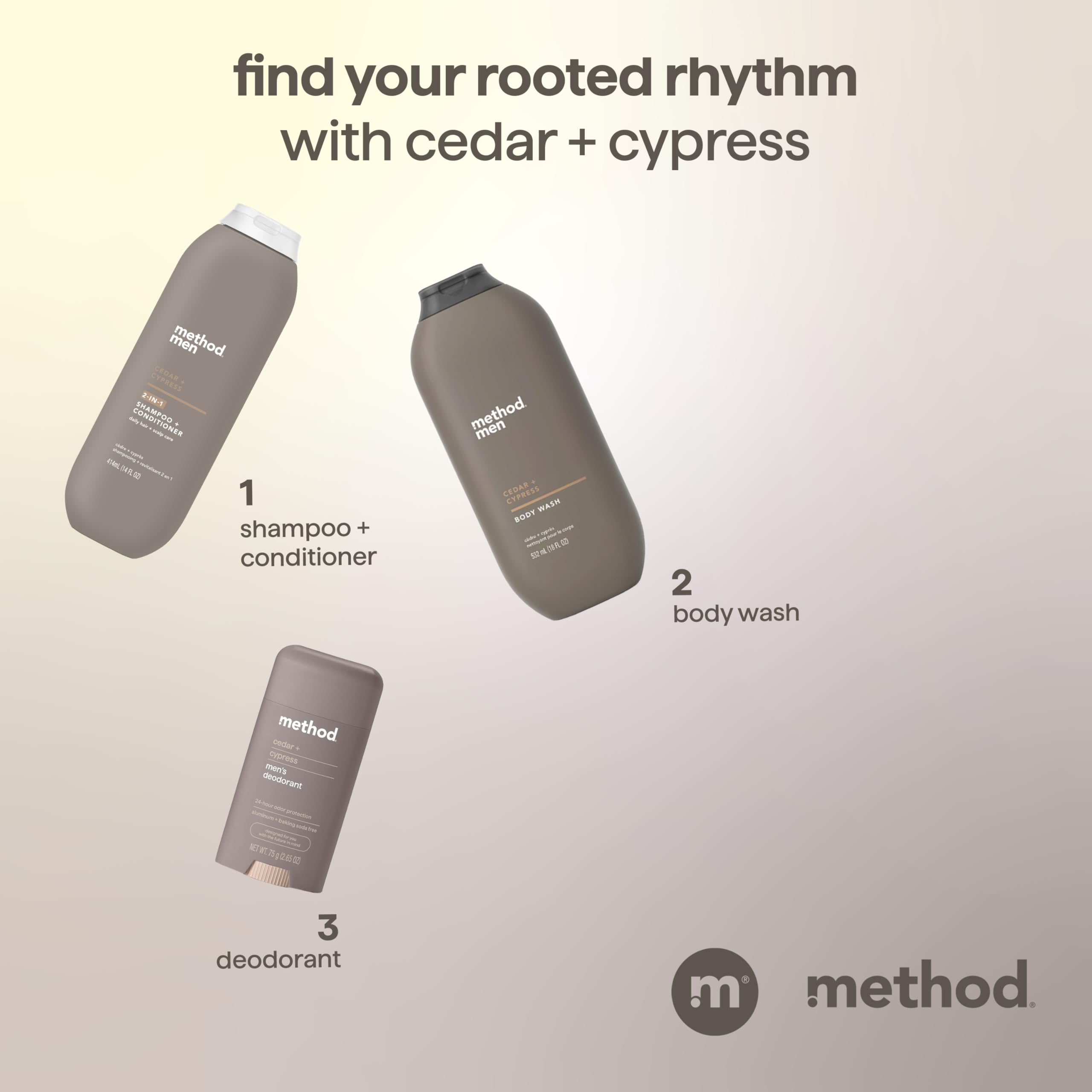 Method Men bottle styled in an outdoor-themed bathroom, showing nature-inspired fragrance appeal