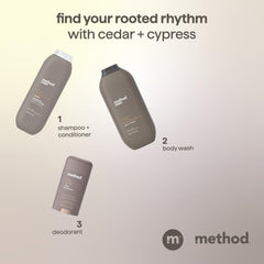 Method Men bottle styled in an outdoor-themed bathroom, showing nature-inspired fragrance appeal