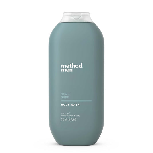 Method Men front packaging showing 18 oz bottle and sea and surf scent benefit freshness