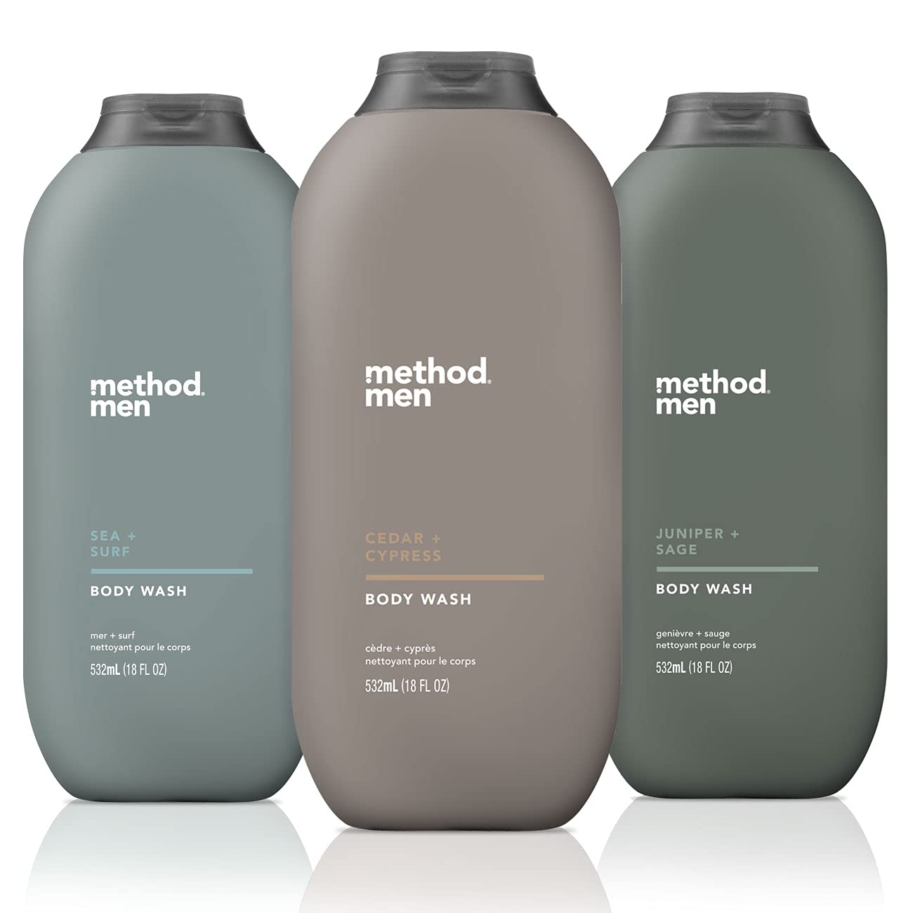 Method men front packaging showing three scent bottles and convenience