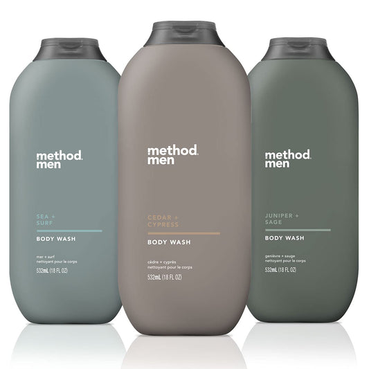 Method men front packaging showing three scent bottles and convenience