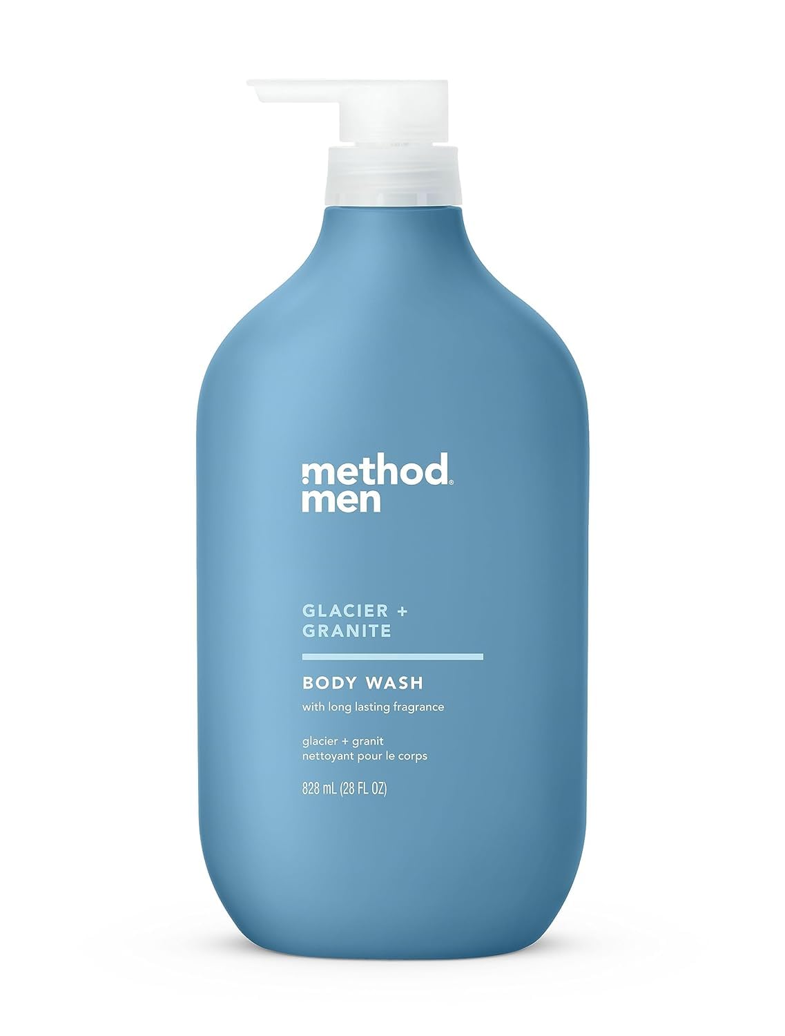 Method bottle front packaging showing Glacier and Granite scent, clear product branding and benefit