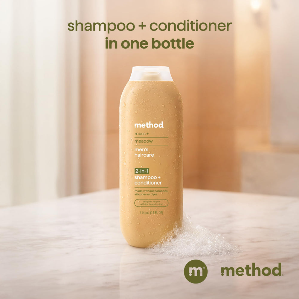 Method Men moss + meadow flatlay conveying fresh herbal scent and daily use benefit