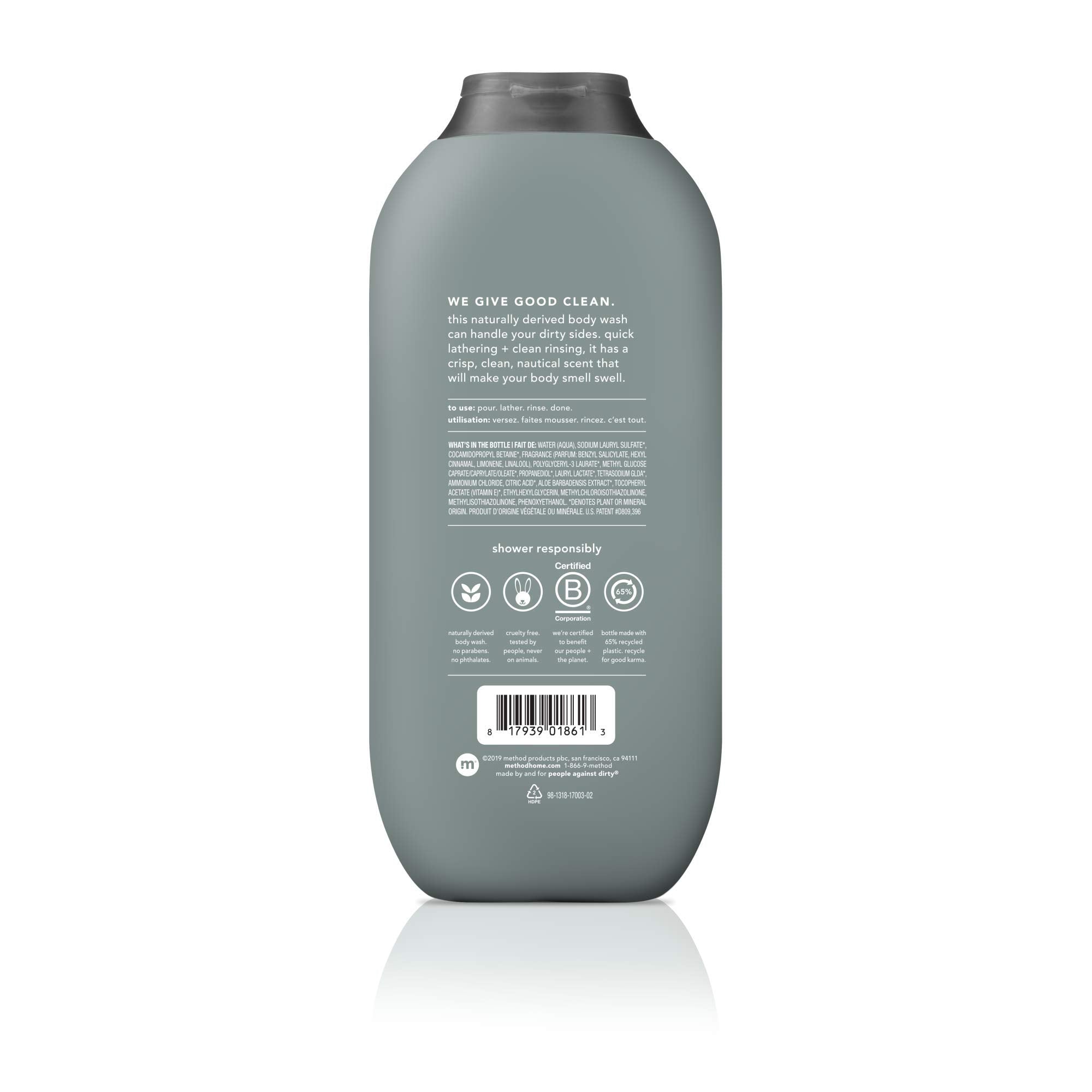 Method men recycled plastic label highlighting 65% recycled bottle benefit