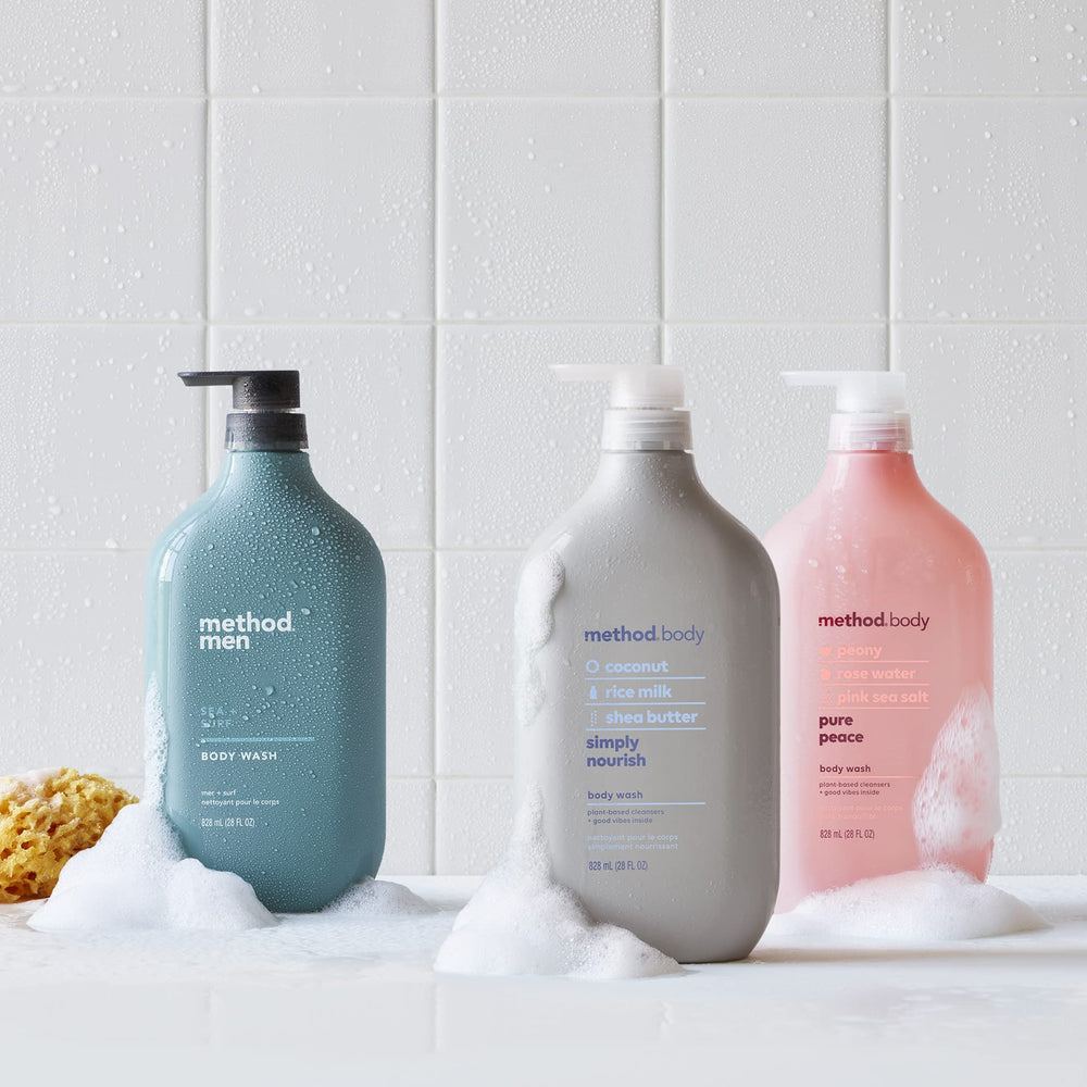 Method bottle next to toiletry items to show 28 oz size and long-lasting value