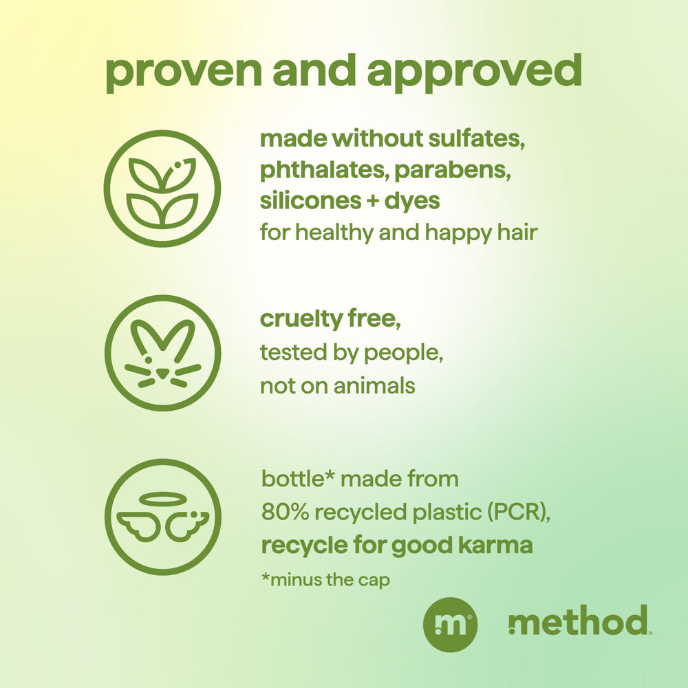 Method Mindful Matcha before and after hair shine comparison showing improved gloss